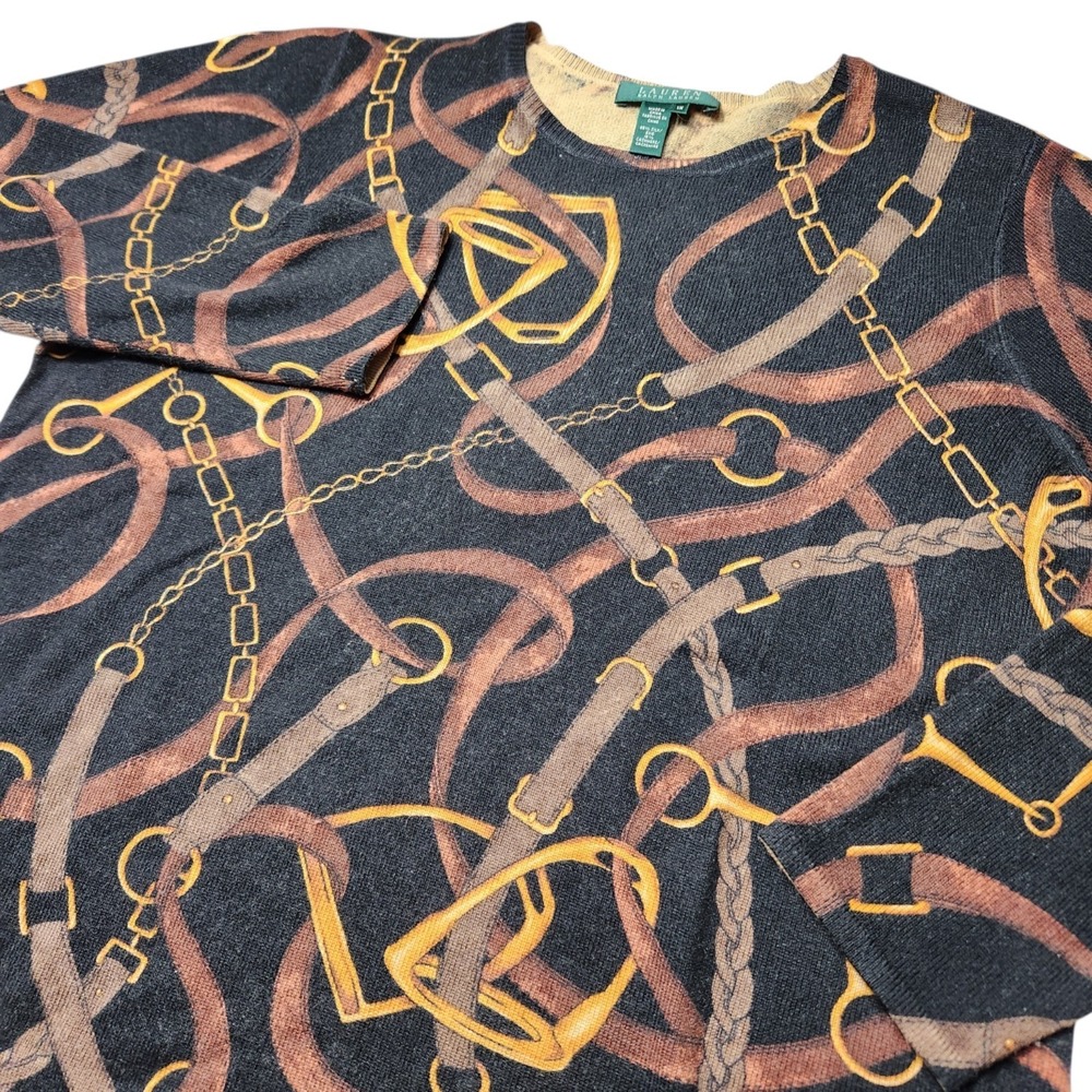 Lauren Ralph Lauren Size 1X Silk Cashmere Equestrian Belting Print Sweater Black